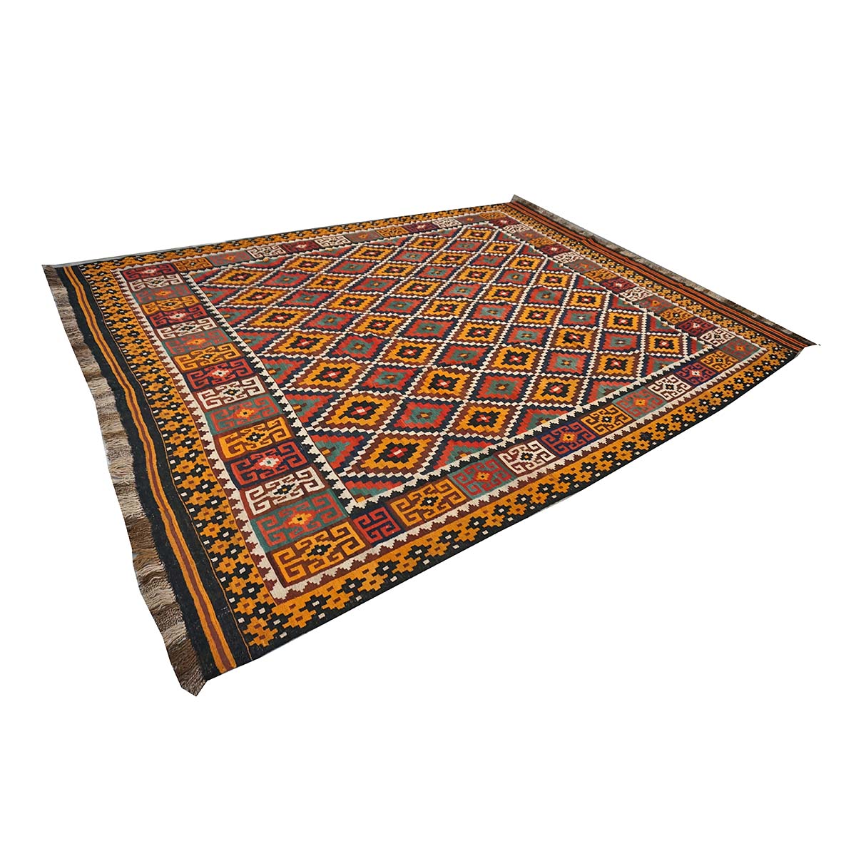Antique Afghan Kabul Kilim Flatweave Wool 10x13 Yellow, Red & Orange Handmade Area Rug #1143497