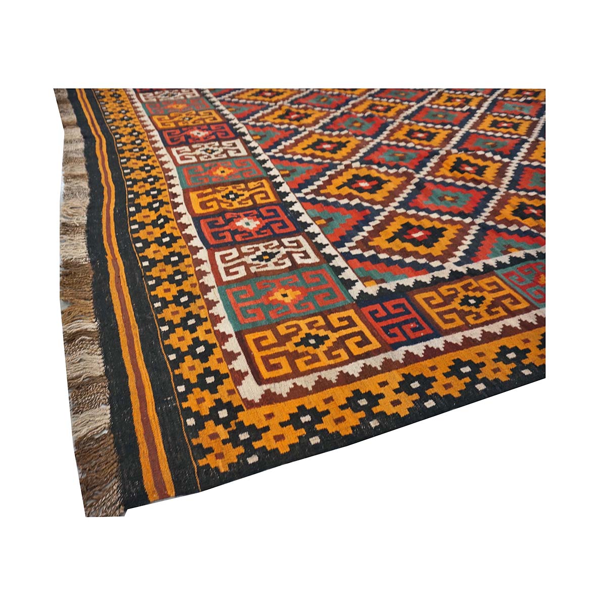 Antique Afghan Kabul Kilim Flatweave Wool 10x13 Yellow, Red & Orange Handmade Area Rug #1143497