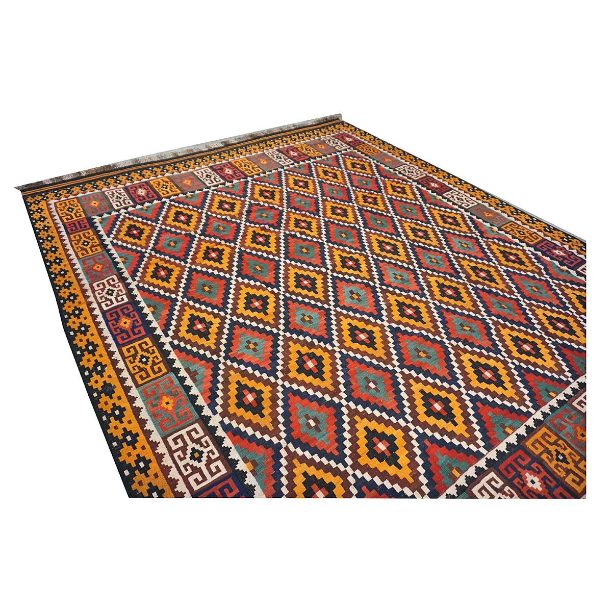 Antique Afghan Kabul Kilim Flatweave Wool 10x13 Yellow, Red & Orange Handmade Area Rug #1143497