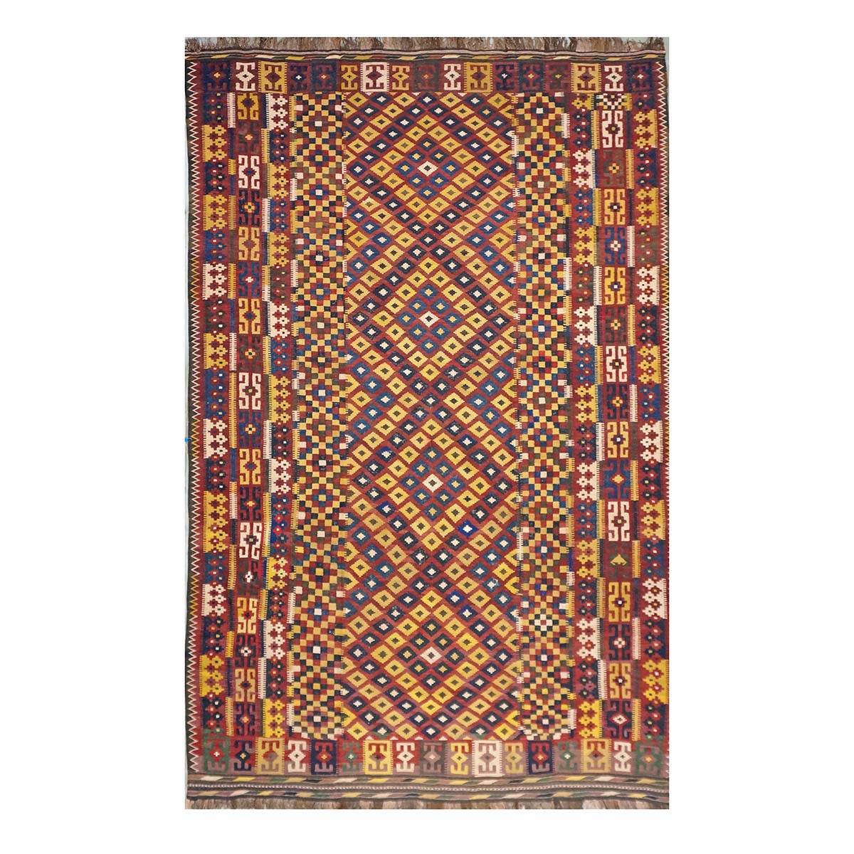 Antique Afghan Kabul Kilim Flatweave Wool 10x15 Yellow, Red & Blue Handmade Area Rug #1143498