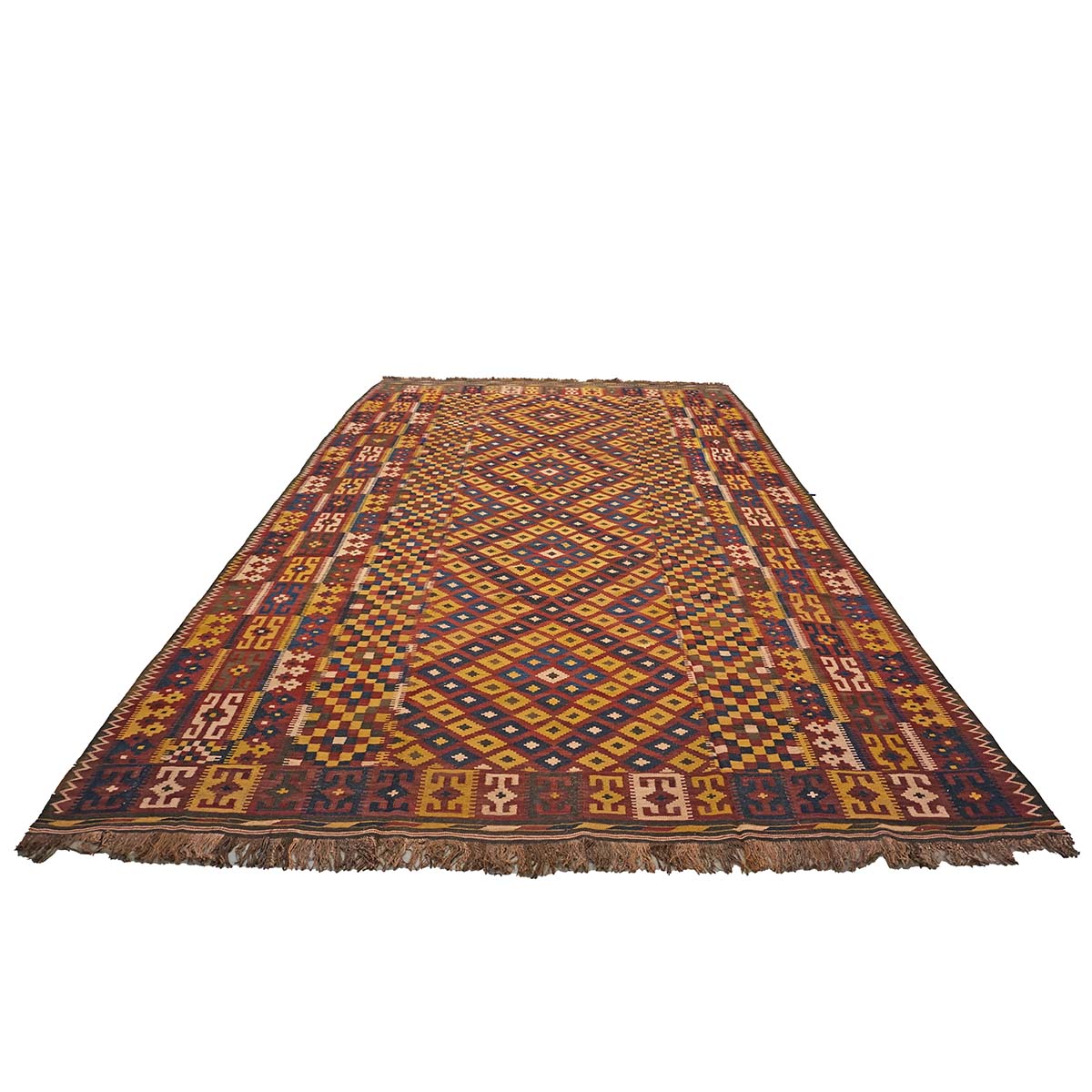 Antique Afghan Kabul Kilim Flatweave Wool 10x15 Yellow, Red & Blue Handmade Area Rug #1143498