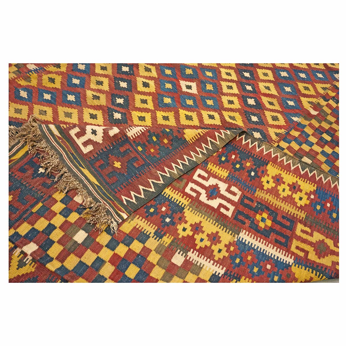 Antique Afghan Kabul Kilim Flatweave Wool 10x15 Yellow, Red & Blue Handmade Area Rug #1143498
