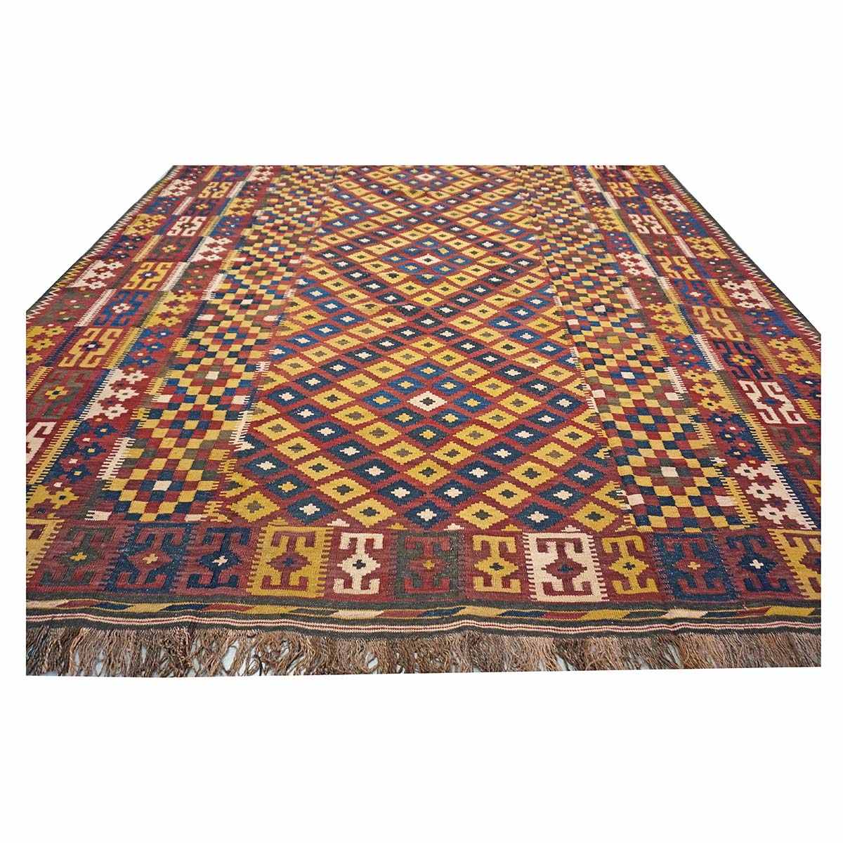 Antique Afghan Kabul Kilim Flatweave Wool 10x15 Yellow, Red & Blue Handmade Area Rug #1143498