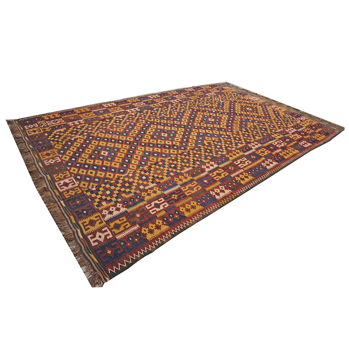 Antique Afghan Kabul Kilim Flatweave Wool 10x15 Yellow, Red & Blue Handmade Area Rug #1143498