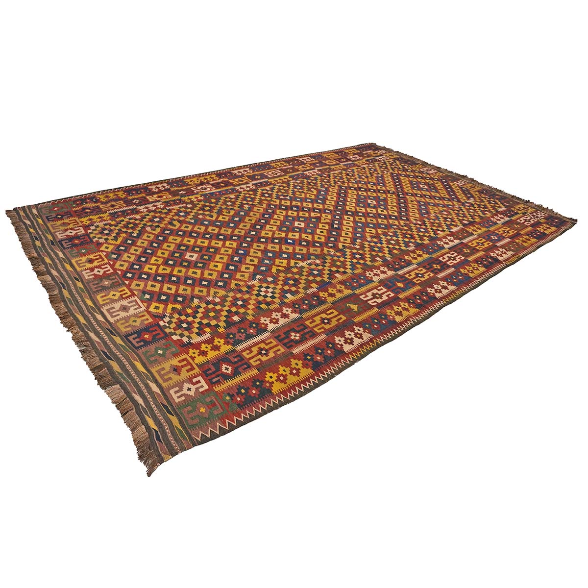 Antique Afghan Kabul Kilim Flatweave Wool 10x15 Yellow, Red & Blue Handmade Area Rug #1143498