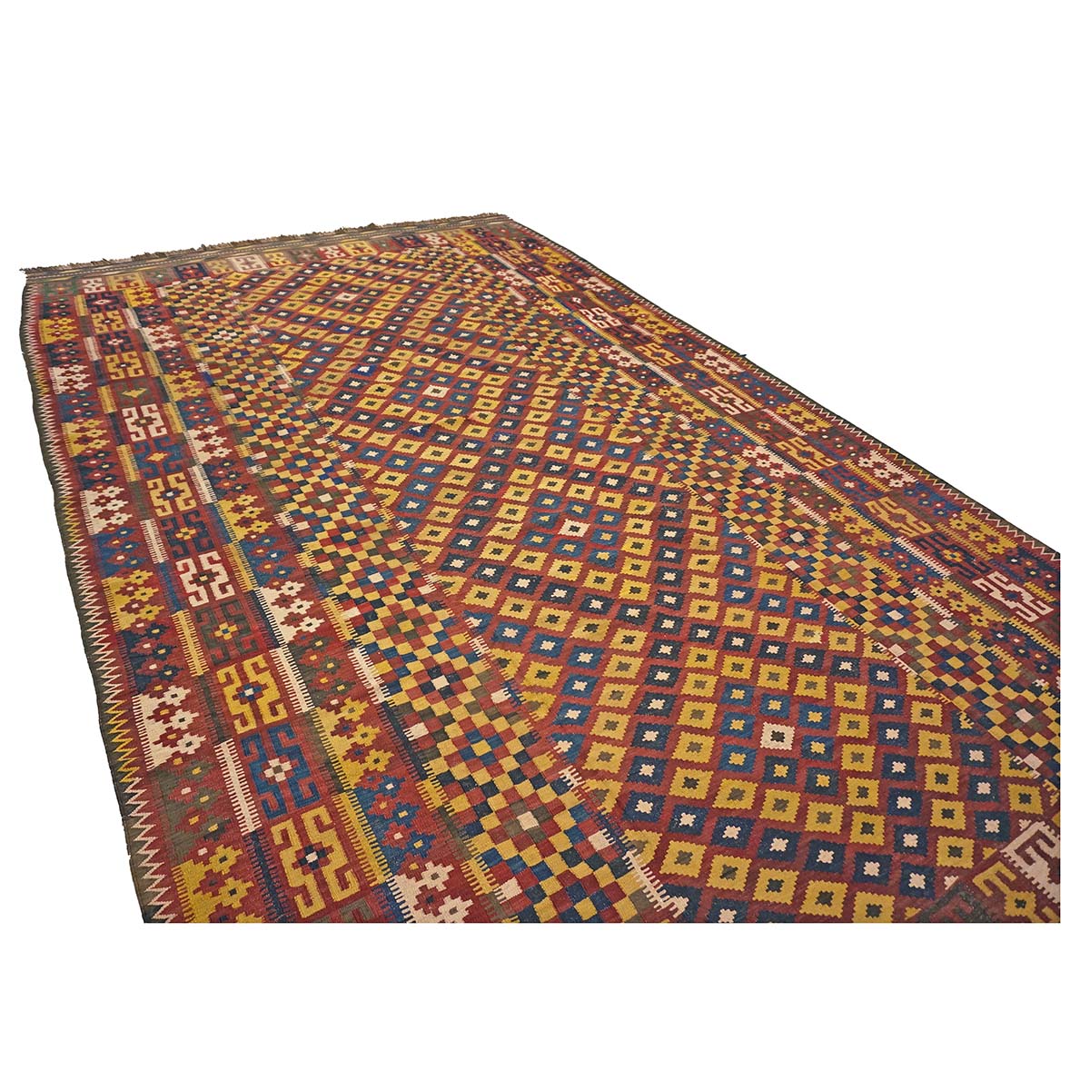 Antique Afghan Kabul Kilim Flatweave Wool 10x15 Yellow, Red & Blue Handmade Area Rug #1143498