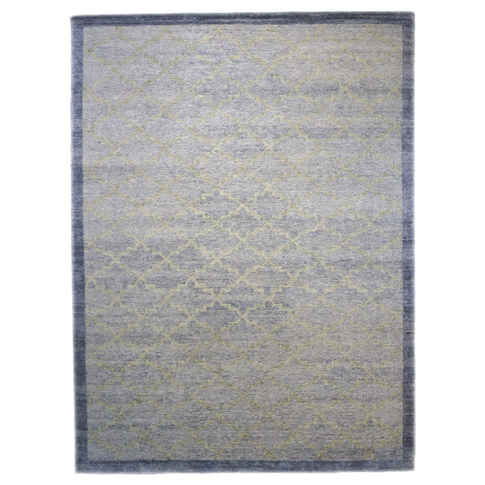 Nepalese Modern Wool & Silk 9X12 Blue & Tan Handmade Area Rug #1143596