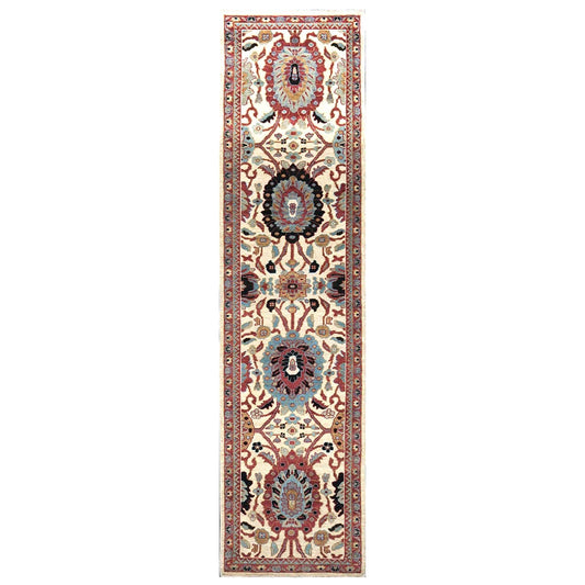 21st Century Afghan Sultanabad Wool 3x12 Ivory, Red, & Blue Handmade Runner Rug #1143661