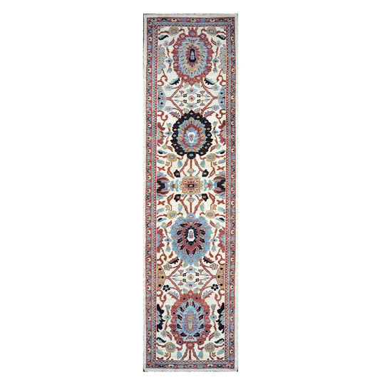 21st Century Afghan Sultanabad Wool 3x12 Ivory, Red, & Blue Handmade Runner Rug #1143666