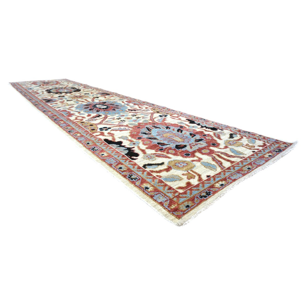 21st Century Afghan Sultanabad Wool 3x12 Ivory, Red, & Blue Handmade Runner Rug #1143666