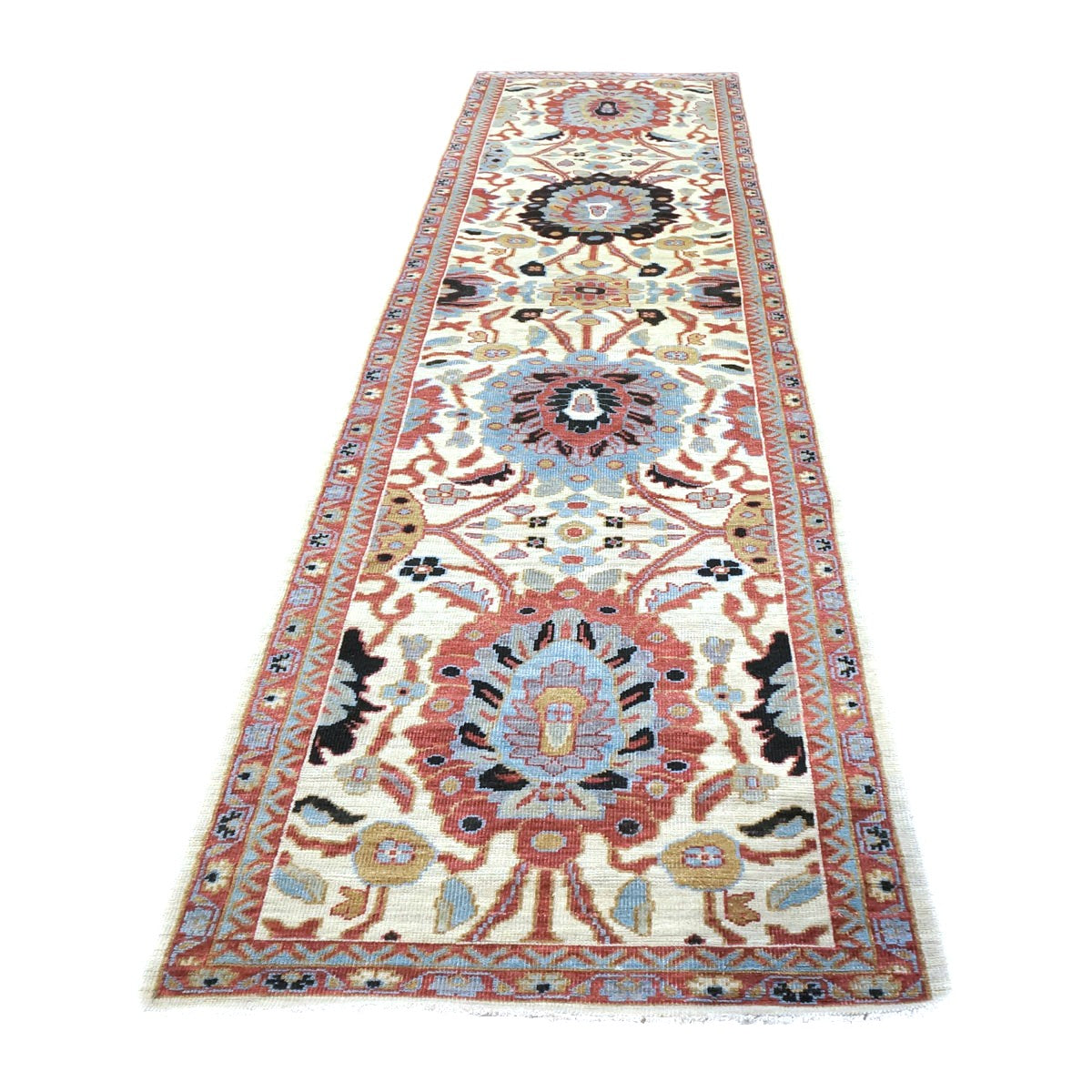 21st Century Afghan Sultanabad Wool 3x12 Ivory, Red, & Blue Handmade Runner Rug #1143666