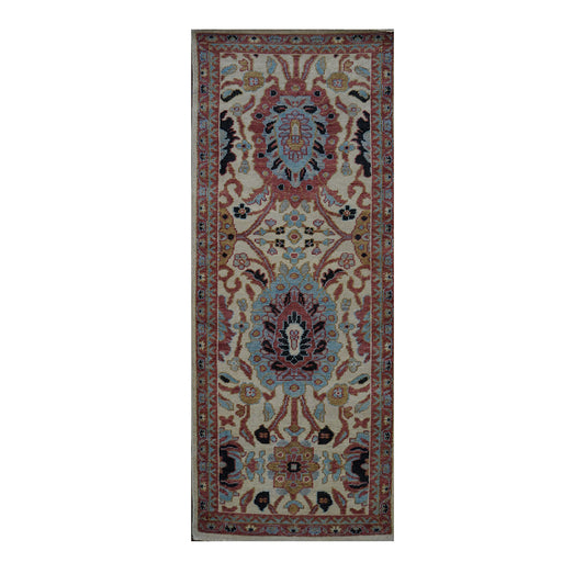 21st Century Afghan Sultanabad Wool 3x7 Ivory, Light Blue & Red Handmade Runner Rug #1143670