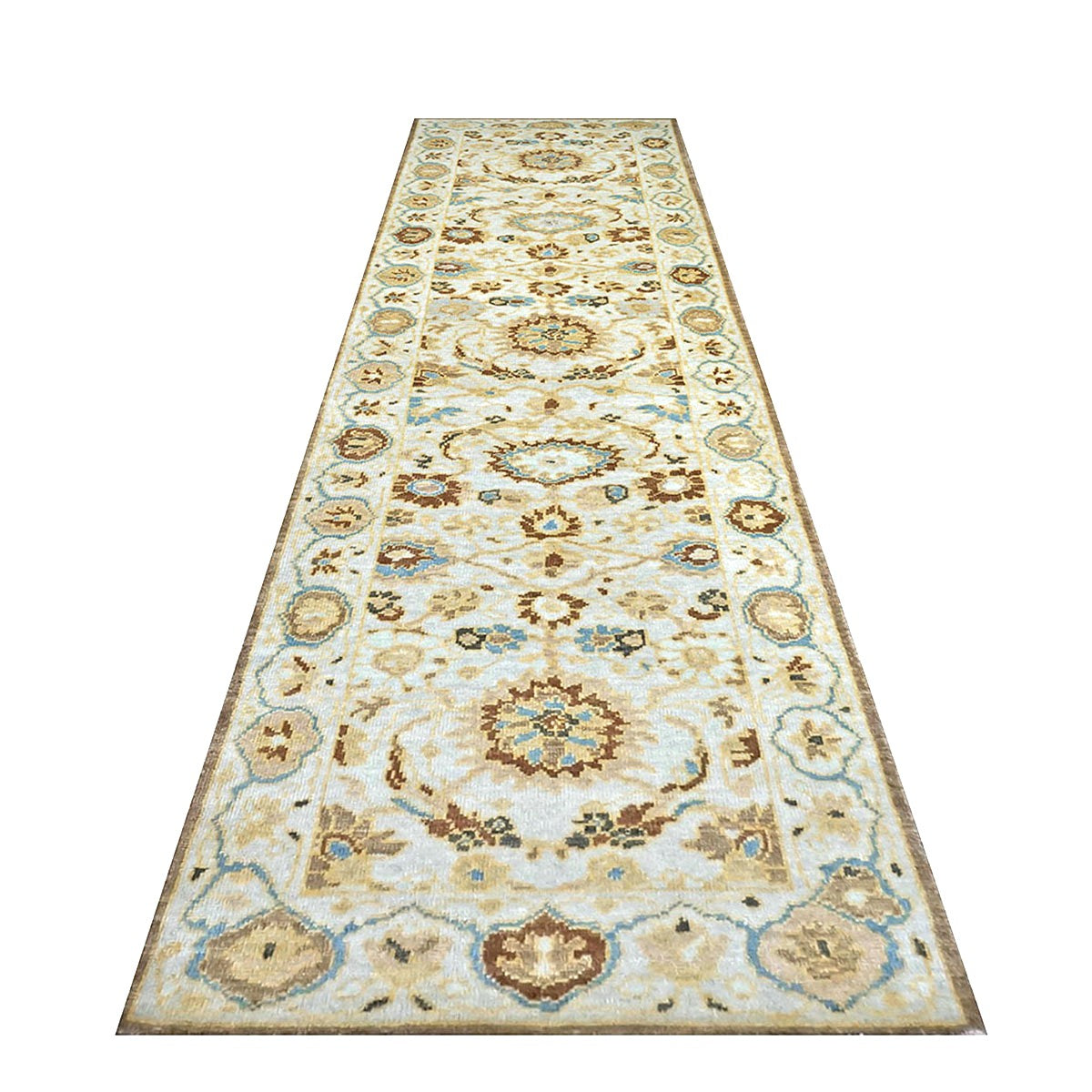 Persian Sultanabad Wool 3x10 Ivory, Light Blue & Gold Handmade Runner Rug #1143675
