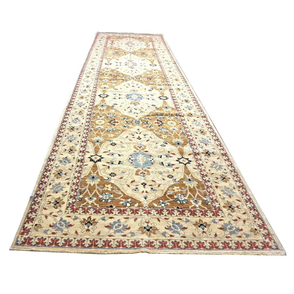 21st Century Afghan Sultanabad Wool 5x18 Tan, Blue & Ivory Handmade Gallery Rug #1143691