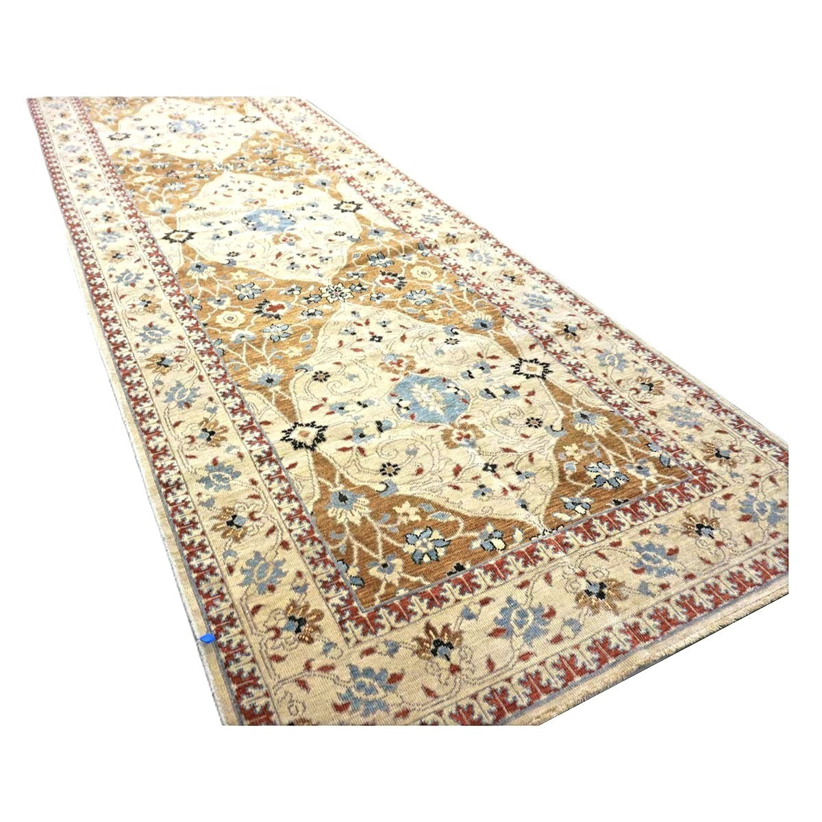 21st Century Afghan Sultanabad Wool 5x18 Tan, Blue & Ivory Handmade Gallery Rug #1143691