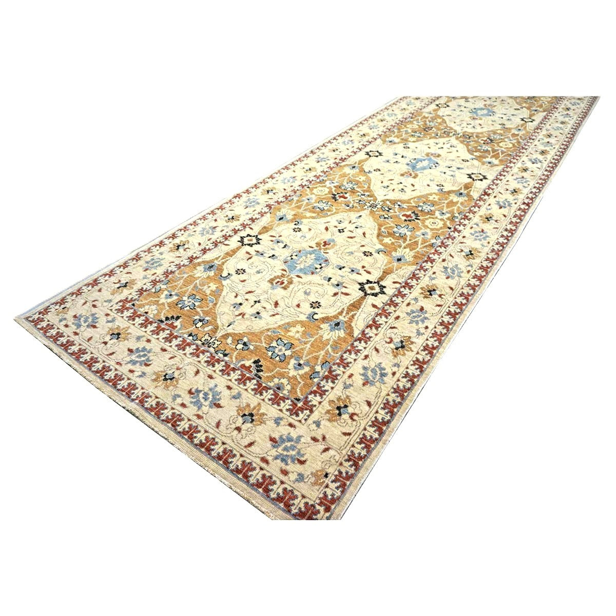 21st Century Afghan Sultanabad Wool 5x18 Tan, Blue & Ivory Handmade Gallery Rug #1143691