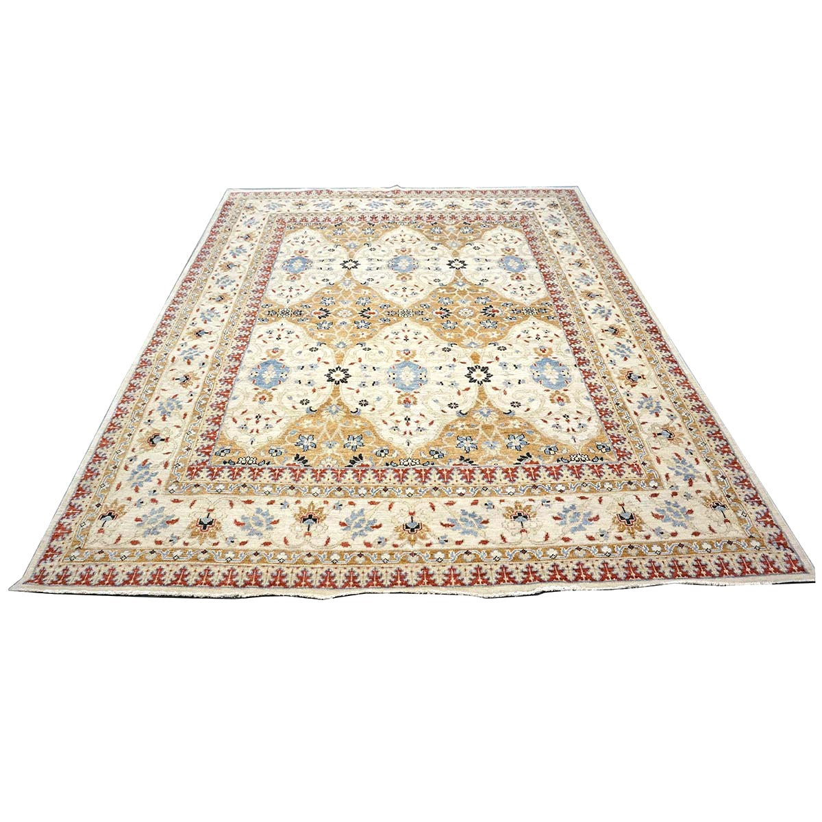 Afghan Sultanabad Wool 8 x 10 Ivory, Tan, Red & Light Blue Handmade Area Rug #1143755