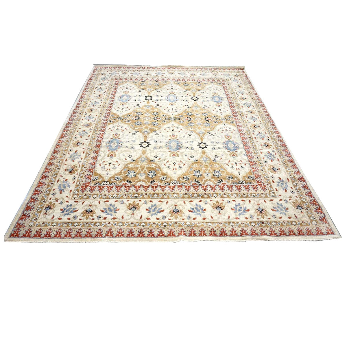 Afghan Sultanabad Wool 8 x 10 Ivory, Tan, Red & Light Blue Handmade Area Rug #1143755