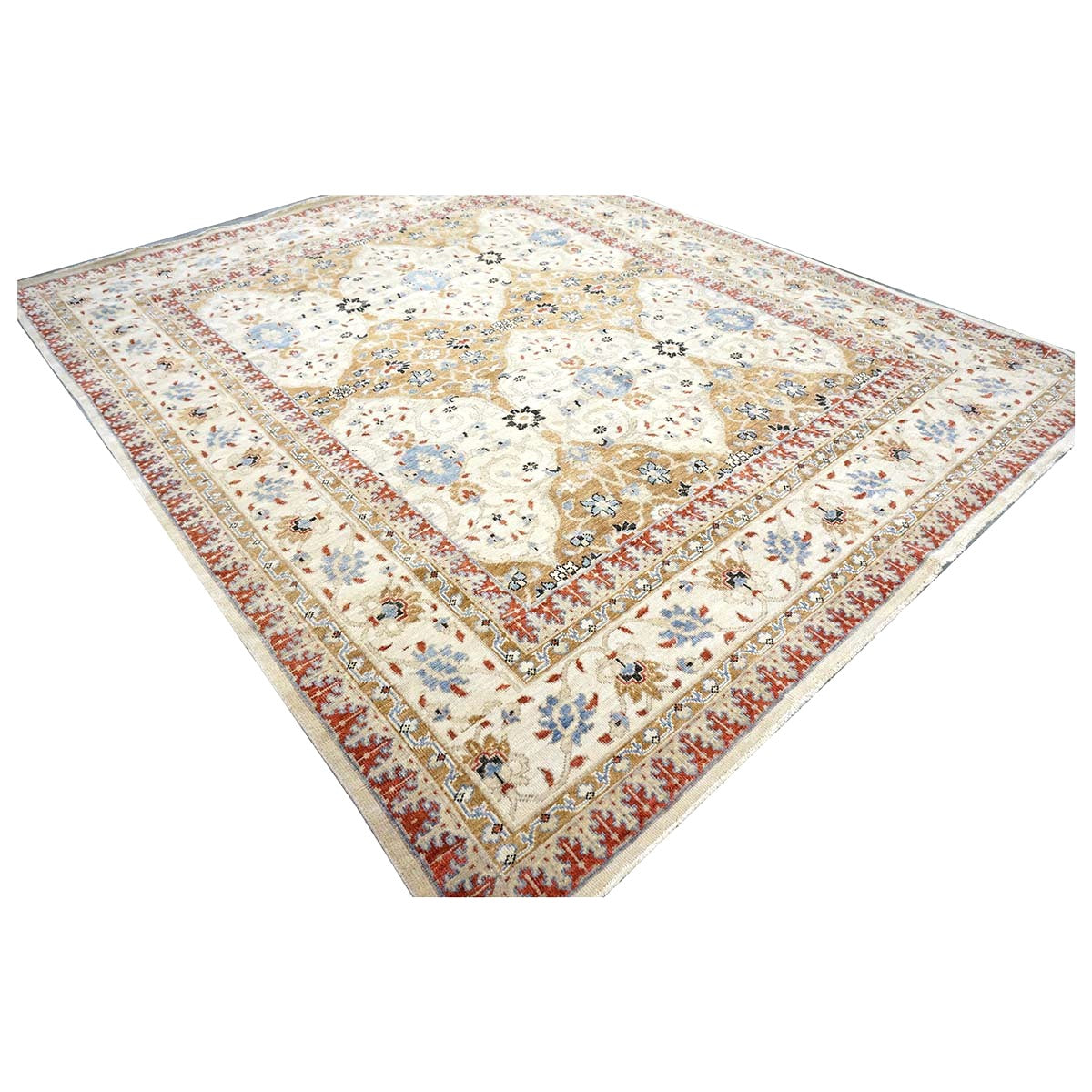 Afghan Sultanabad Wool 8 x 10 Ivory, Tan, Red & Light Blue Handmade Area Rug #1143755