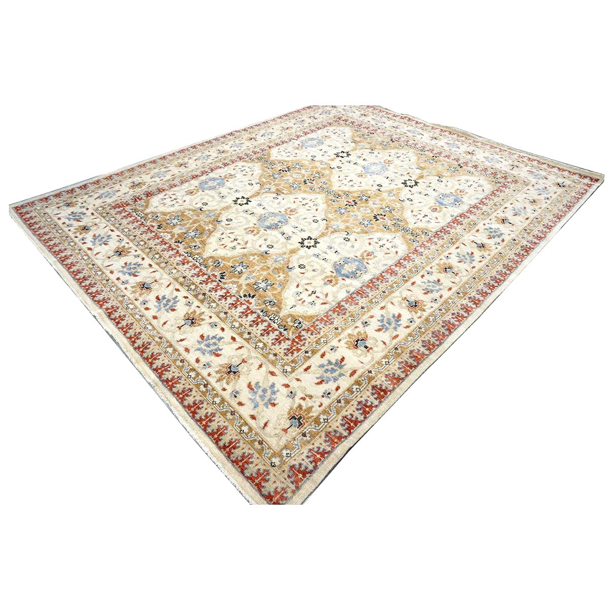 Afghan Sultanabad Wool 8 x 10 Ivory, Tan, Red & Light Blue Handmade Area Rug #1143755