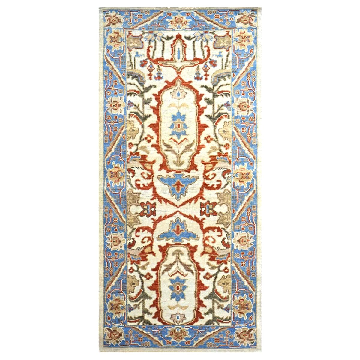 Afghan Sultanabad Master Wool 3x6 Ivory, Blue, & Red Handmade Runner Rug #1143761