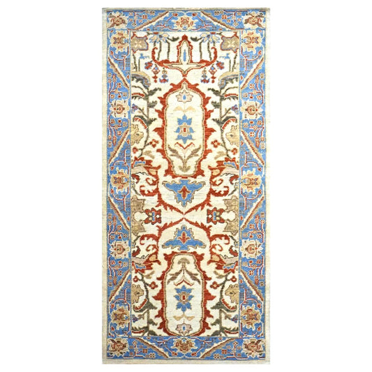 Afghan Sultanabad Master Wool 3x6 Ivory, Blue, & Red Handmade Runner Rug #1143761
