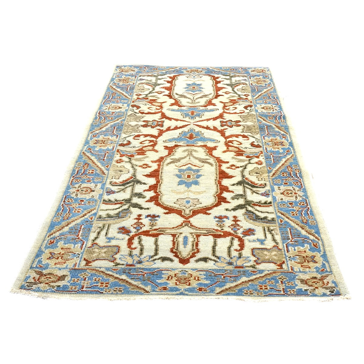 Afghan Sultanabad Master Wool 3x6 Ivory, Blue, & Red Handmade Runner Rug #1143761