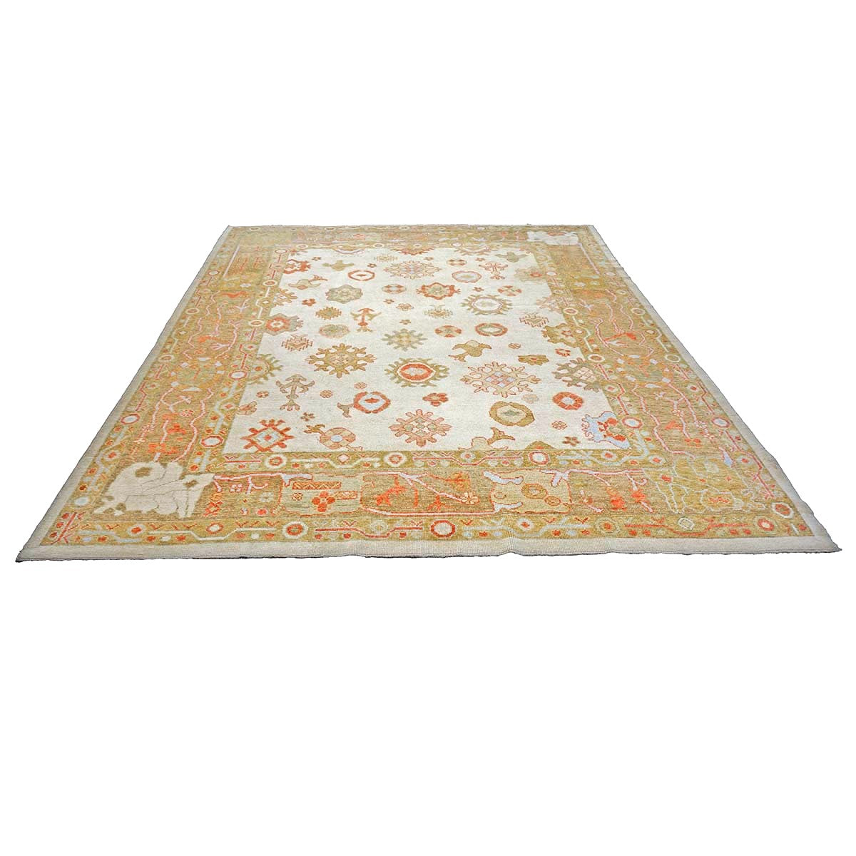 21st Century Turkish Oushak Wool 9x11 Ivory, Yellow, & Rust Handmade Area Rug #1143837