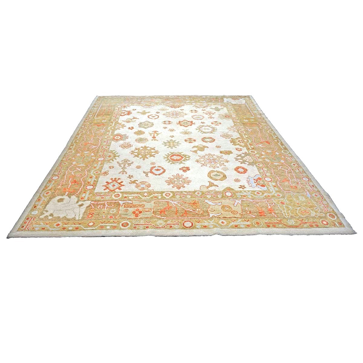 21st Century Turkish Oushak Wool 9x11 Ivory, Yellow, & Rust Handmade Area Rug #1143837