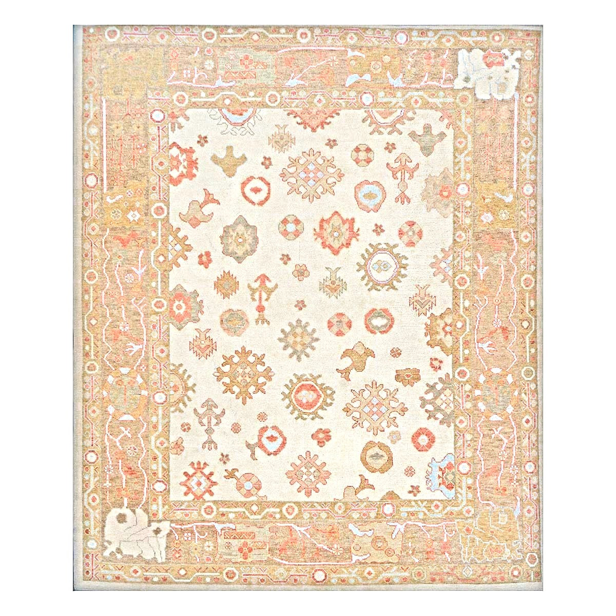 21st Century Turkish Oushak Wool 9x11 Ivory, Yellow, & Rust Handmade Area Rug #1143837