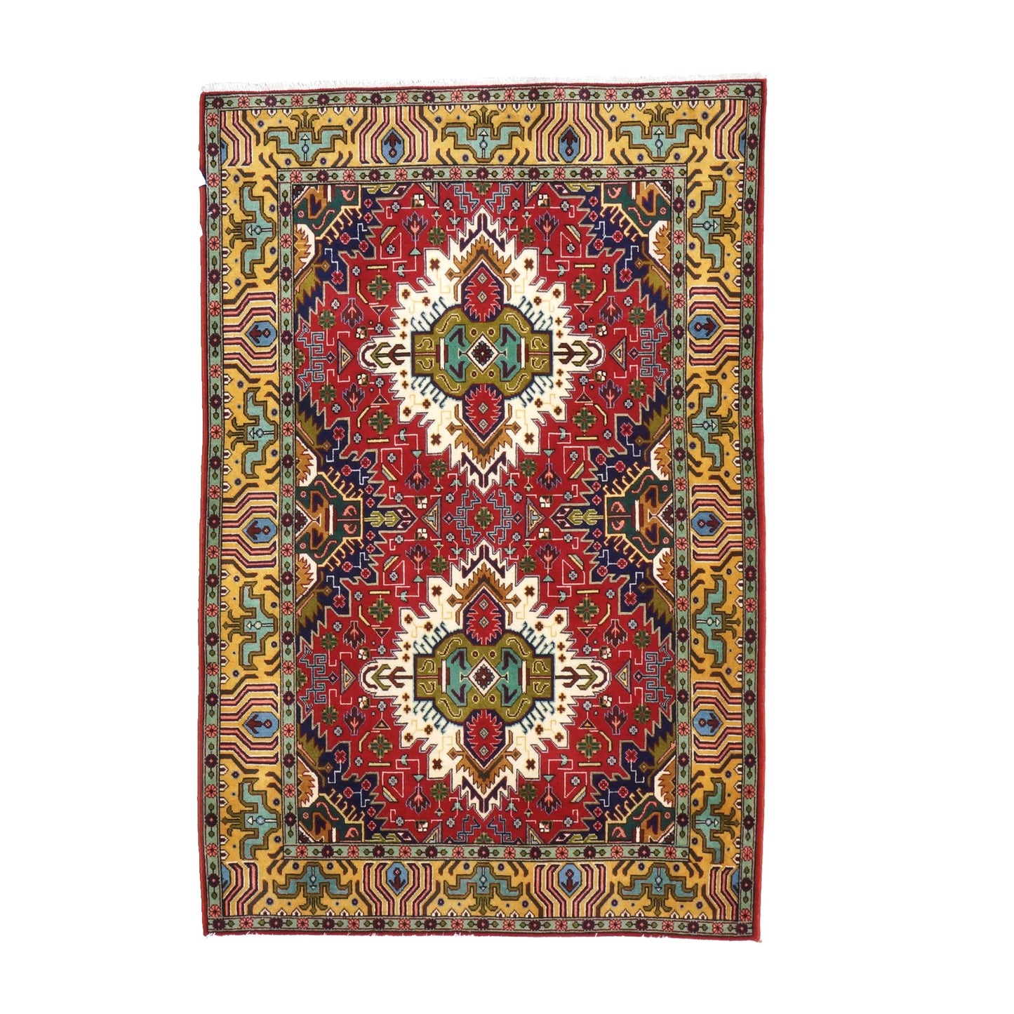 Vintage Persian Tabriz Wool 3x5 Red, Ivory & Yellow Handmade Area Rug #1143893