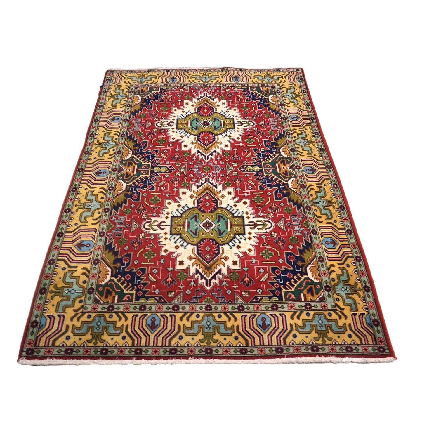 Vintage Persian Tabriz Wool 3x5 Red, Ivory & Yellow Handmade Area Rug #1143893
