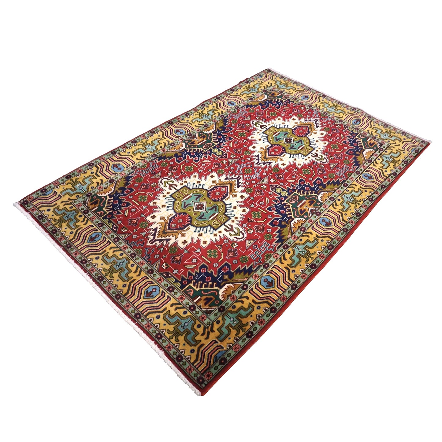 Vintage Persian Tabriz Wool 3x5 Red, Ivory & Yellow Handmade Area Rug #1143893