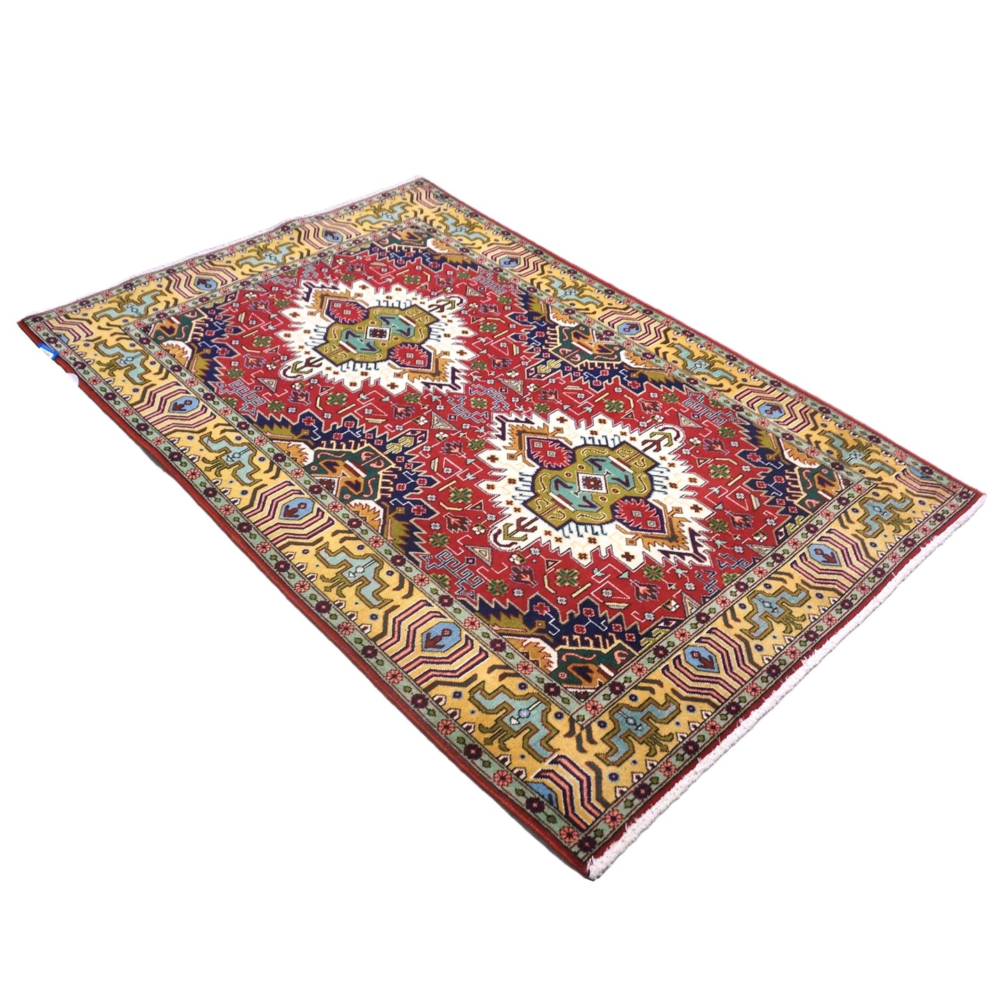 Vintage Persian Tabriz Wool 3x5 Red, Ivory & Yellow Handmade Area Rug #1143893