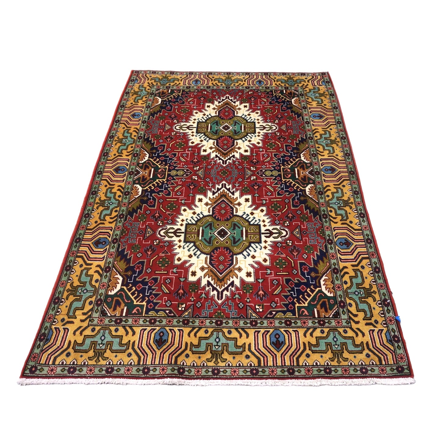 Vintage Persian Tabriz Wool 3x5 Red, Ivory & Yellow Handmade Area Rug #1143893