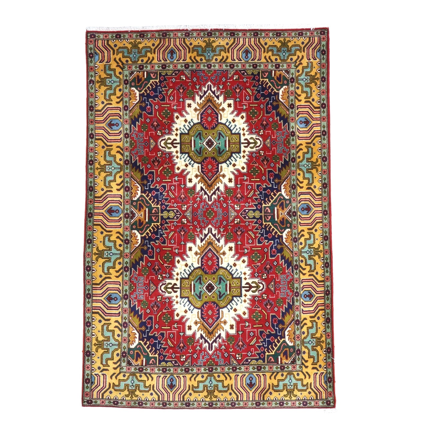 Vintage Persian Tabriz Wool 3x5 Red, Blue & Yellow Handmade Area Rug #1143894