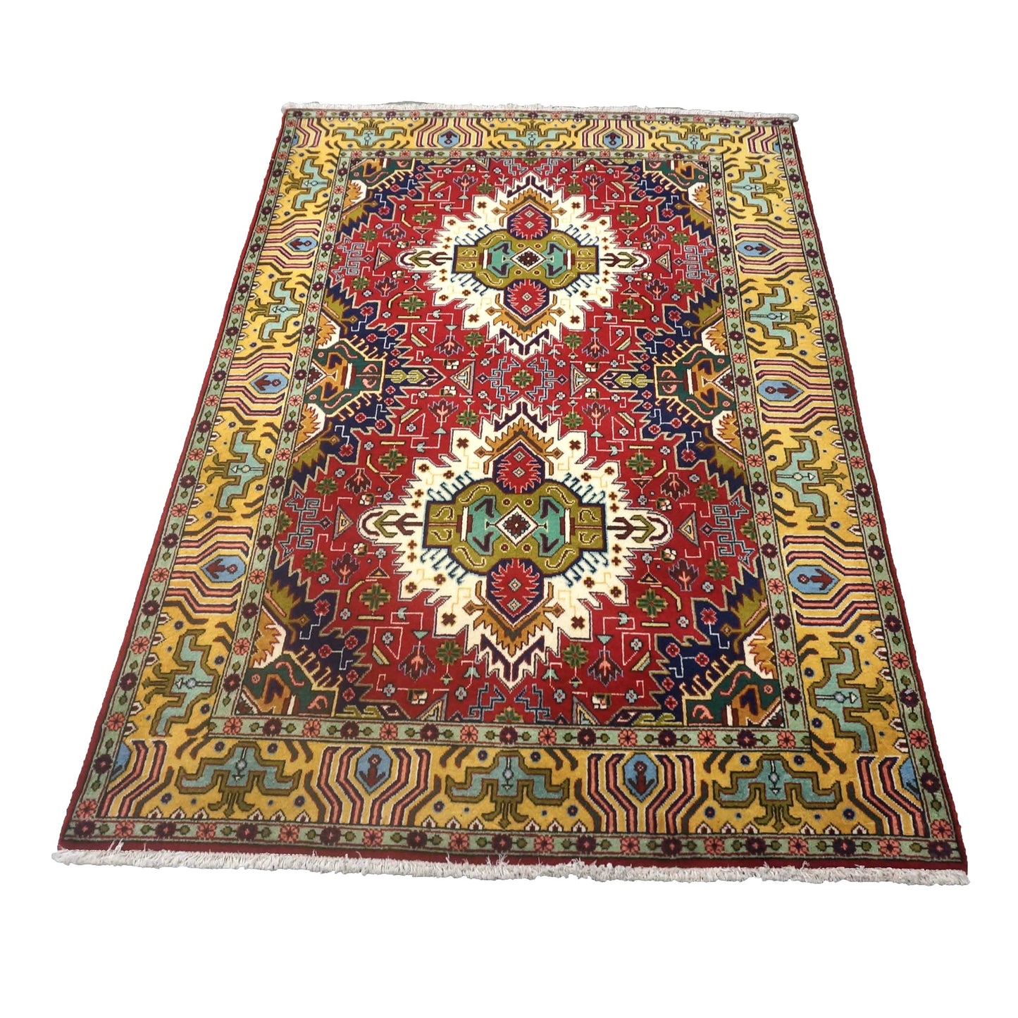 Vintage Persian Tabriz Wool 3x5 Red, Blue & Yellow Handmade Area Rug #1143894