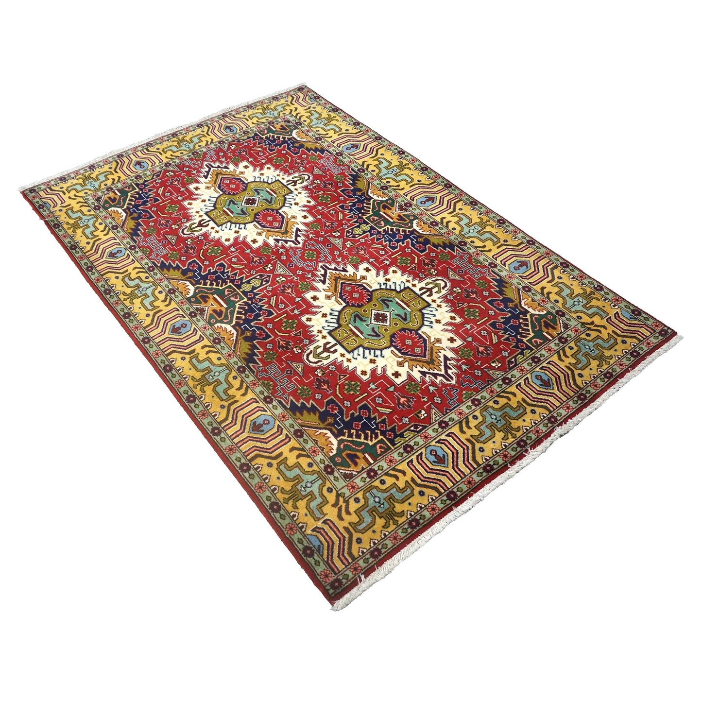 Vintage Persian Tabriz Wool 3x5 Red, Blue & Yellow Handmade Area Rug #1143894