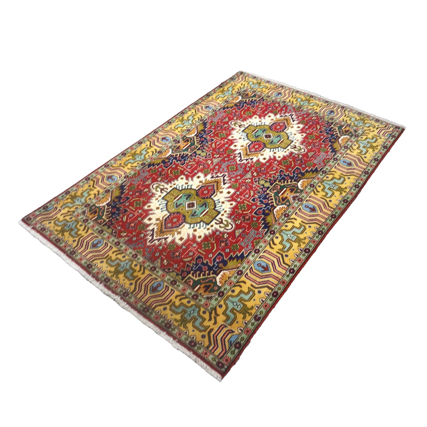 Vintage Persian Tabriz Wool 3x5 Red, Blue & Yellow Handmade Area Rug #1143894