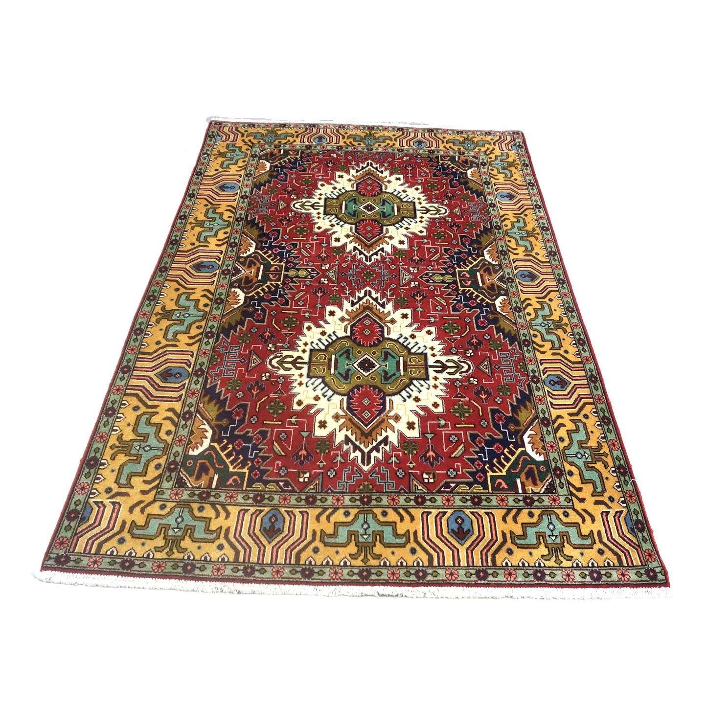 Vintage Persian Tabriz Wool 3x5 Red, Blue & Yellow Handmade Area Rug #1143894