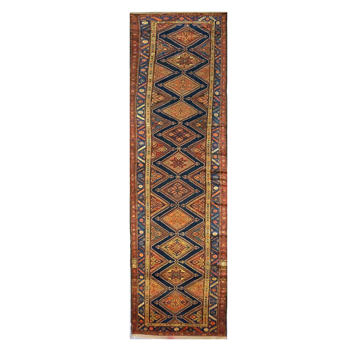 Antique Persian Northwest Wool 4x16 Navy & Rust Handmade Gallery Rug #1143895