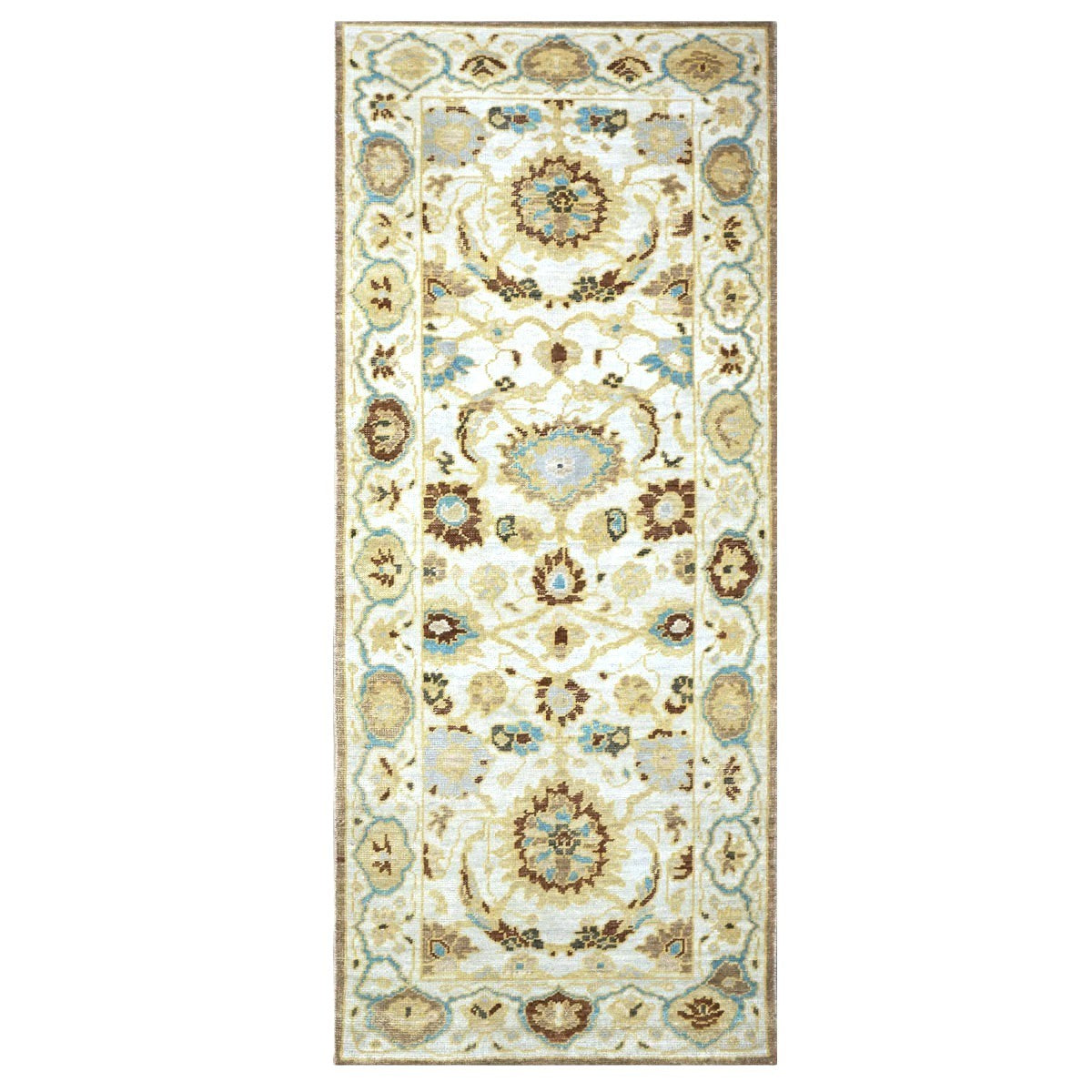 21st Century Afghan Sultanabad Wool 3x6 Ivory, Light Blue & Gold Handmade Runner Rug #1143914