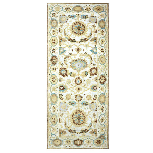 21st Century Afghan Sultanabad Wool 3x6 Ivory, Light Blue & Gold Handmade Runner Rug #1143914