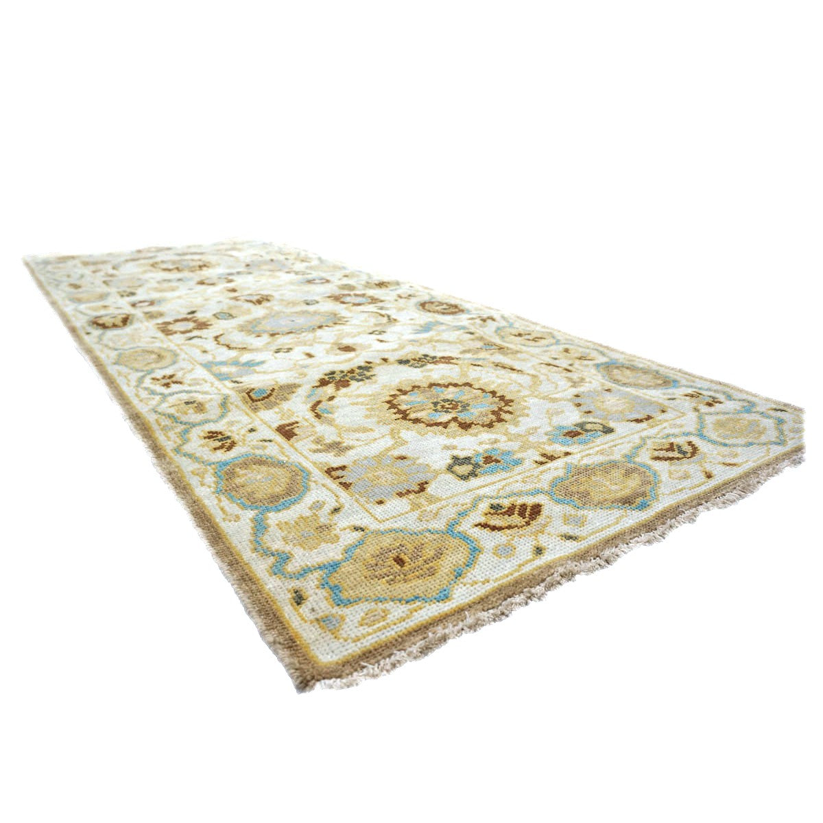 21st Century Afghan Sultanabad Wool 3x6 Ivory, Light Blue & Gold Handmade Runner Rug #1143914