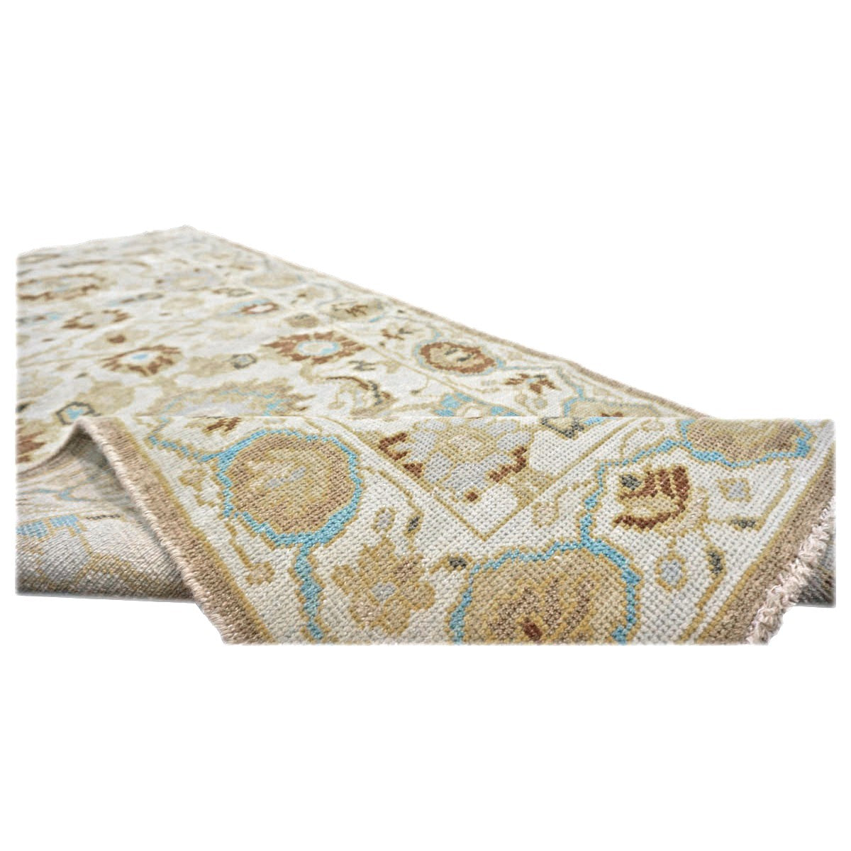 21st Century Afghan Sultanabad Wool 3x6 Ivory, Light Blue & Gold Handmade Runner Rug #1143914