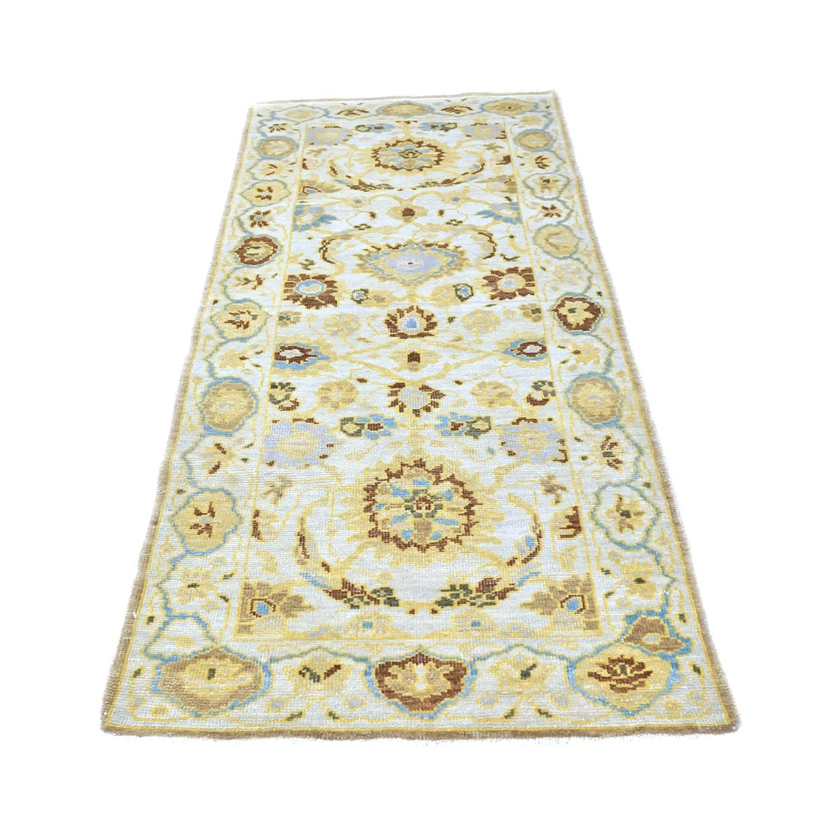21st Century Afghan Sultanabad Wool 3x6 Ivory, Light Blue & Gold Handmade Runner Rug #1143914