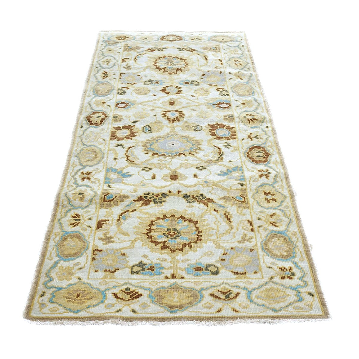 21st Century Afghan Sultanabad Wool 3x6 Ivory, Light Blue & Gold Handmade Runner Rug #1143914