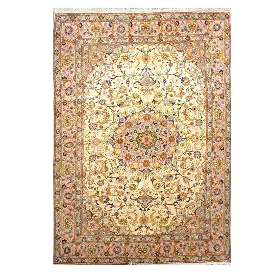 Vintage Persian Tabriz Wool 6x10 Ivory & Pink Handmade Area Rug #1143923