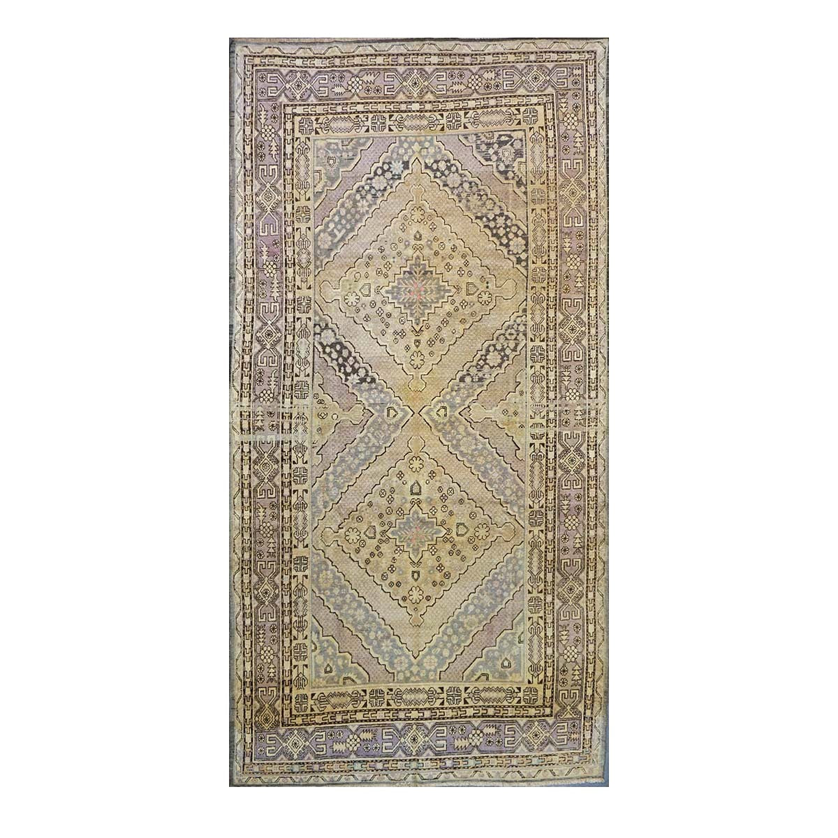 Antique East Turkestani Khotan Wool 6x13 Ivory, Charcoal & Lavender Handmade Gallery Rug #1143926