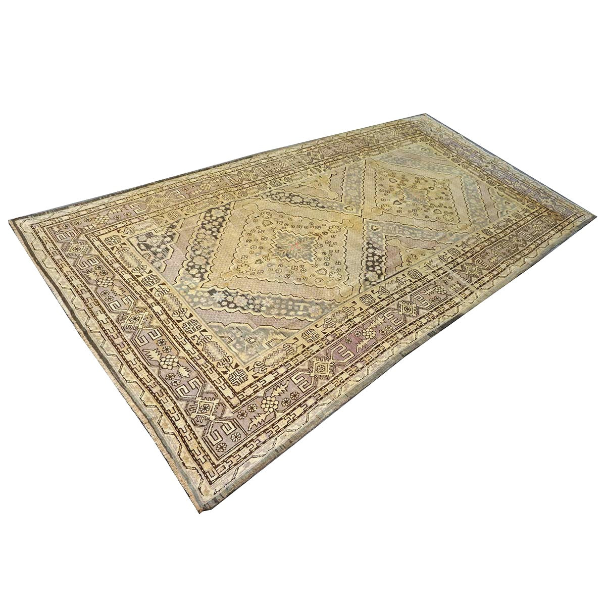 Antique East Turkestani Khotan Wool 6x13 Ivory, Charcoal & Lavender Handmade Gallery Rug #1143926